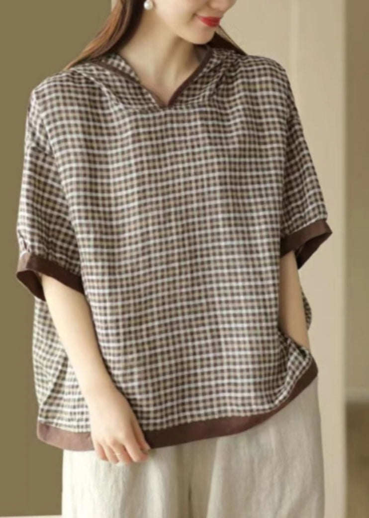 Art Dark Blue O-neck Plaid Hooded T Shirt Summer