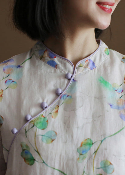 Diy Beige Stand Collar Print Button Linen Cheongsam Dress Half Sleeve