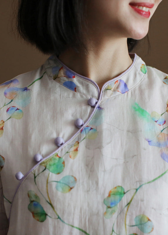 Diy Beige Stand Collar Print Button Linen Cheongsam Dress Half Sleeve