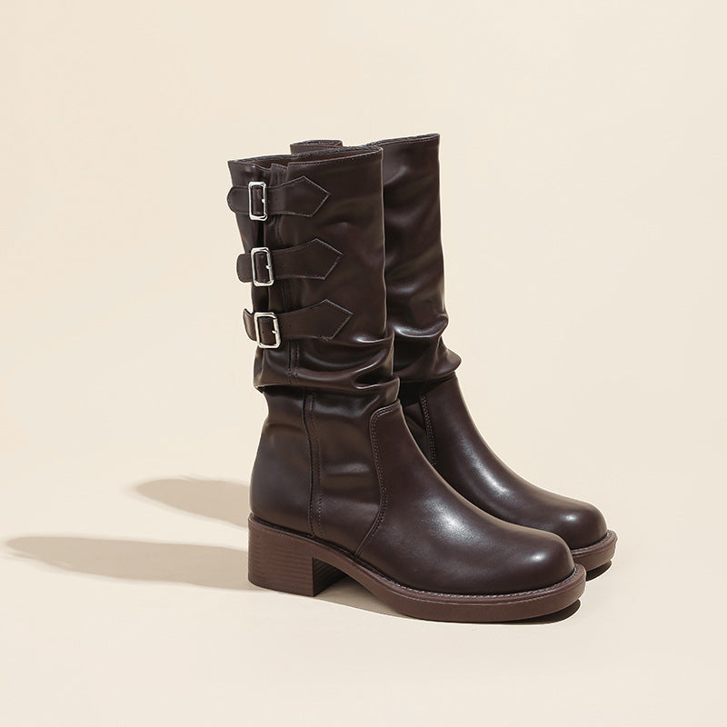 Retro Belt Buckle Booties Western Boots