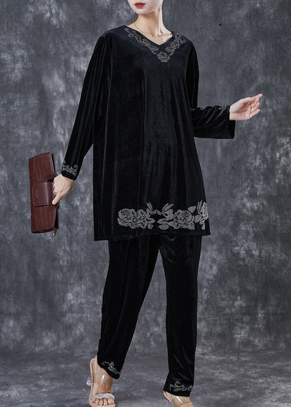 Black Oversized Zircon Silk Velvet Two Pieces Set Spring
