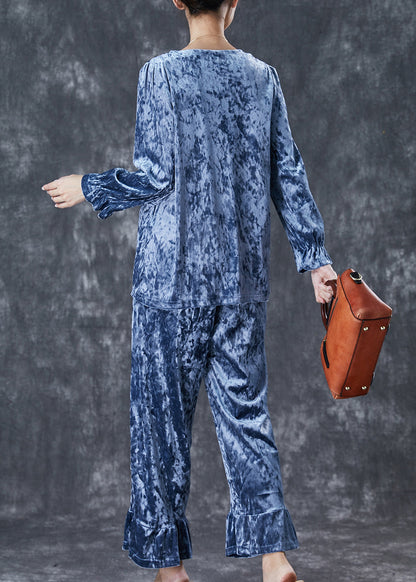 Blue Patchwork Silk Velour Two-piece Set Square Collar Embroideried Fall