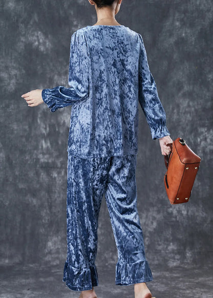 Blue Patchwork Silk Velour Two-piece Set Square Collar Embroideried Fall