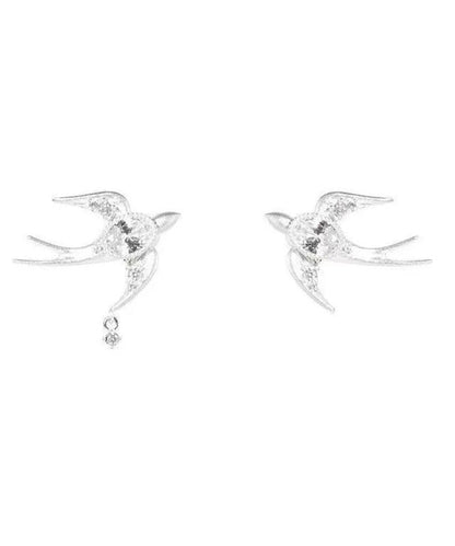 Unique Silver Asymmetric Zircon Little Bird Silver Stud Earrings