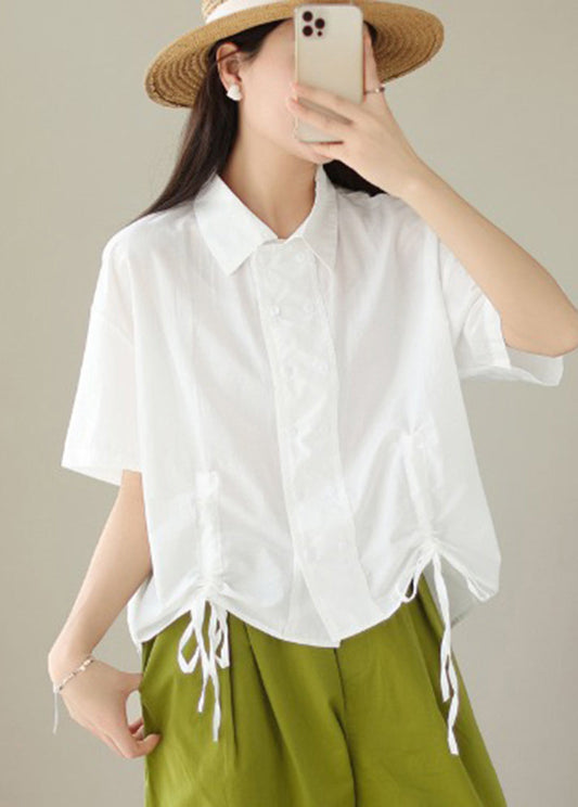 White Double Breast Drawstring Cotton Shirt Tops Summer