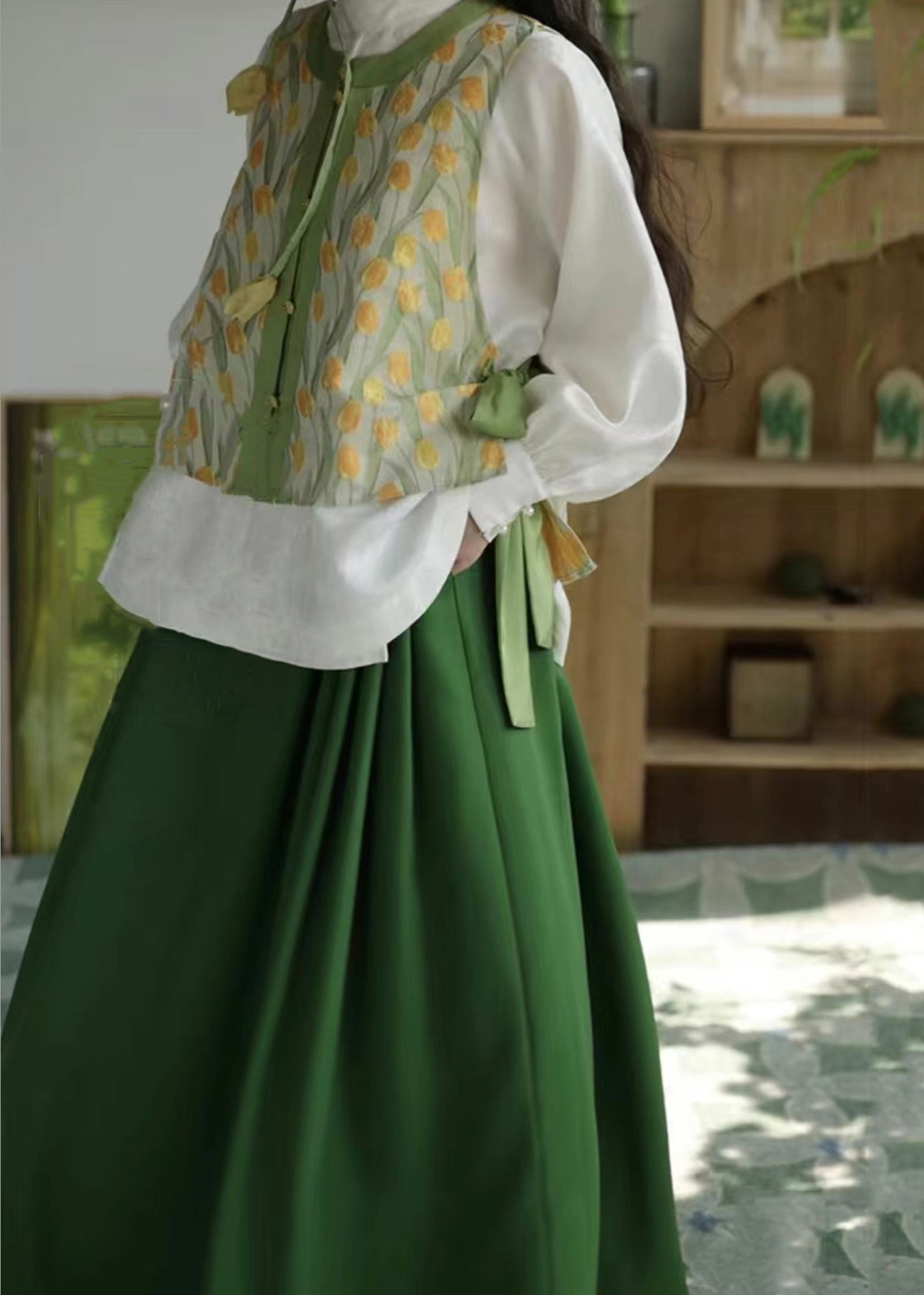 Chinese Style Green Button Lace Up Patchwork Three Piece Set Fall