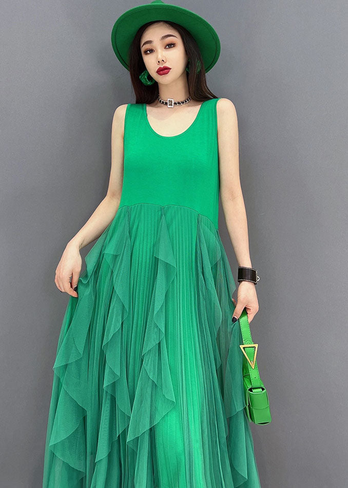 Green Tulle Patchwork Cotton Fitted Dresses O-neck Sleeveless