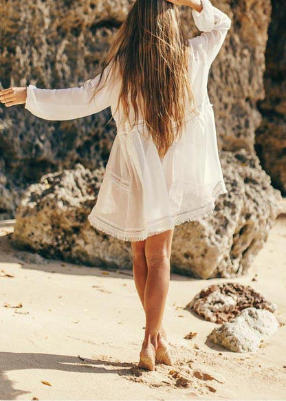 Unique White Patchwork Hollow Out Beach Gown Robe Chiffon Dress