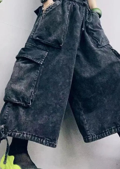 Black Cinched Pockets Denim Pants Spring