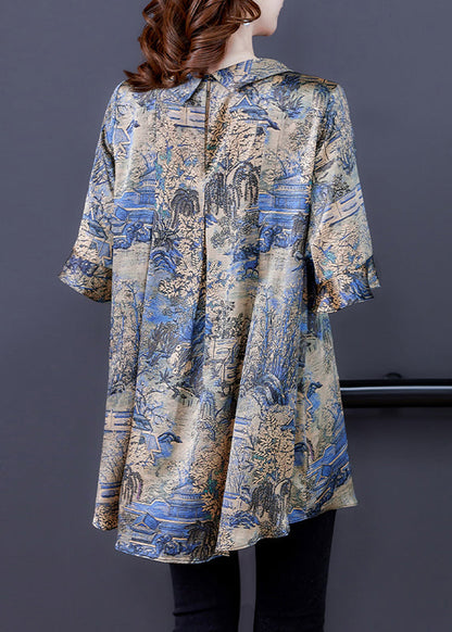 Modern Khaki O-neck Oversized Print Silk Top Flare Sleeve