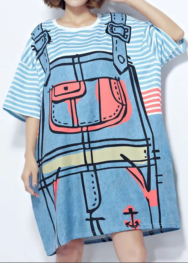 Modern White Striped Print Cotton Fake Two Piece Dresses Short Sleeve