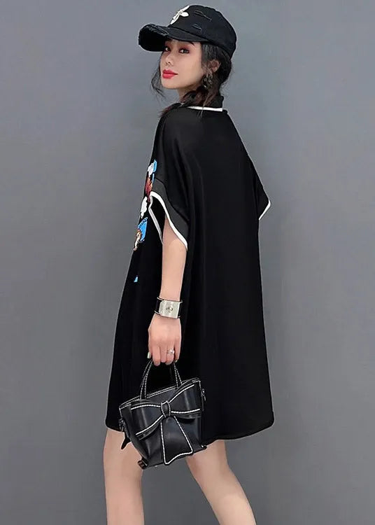 Black Peter Pan Collar Print Mid Dresses Short Sleeve