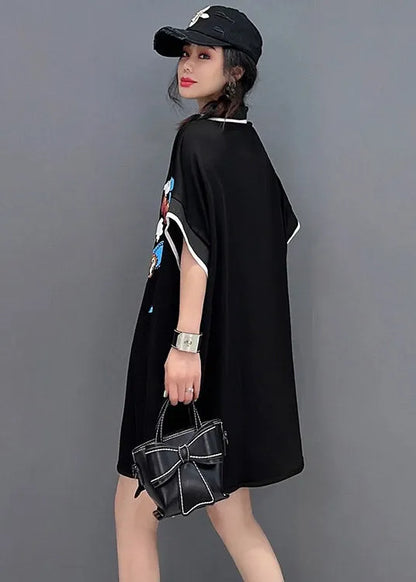 Black Peter Pan Collar Print Mid Dresses Short Sleeve