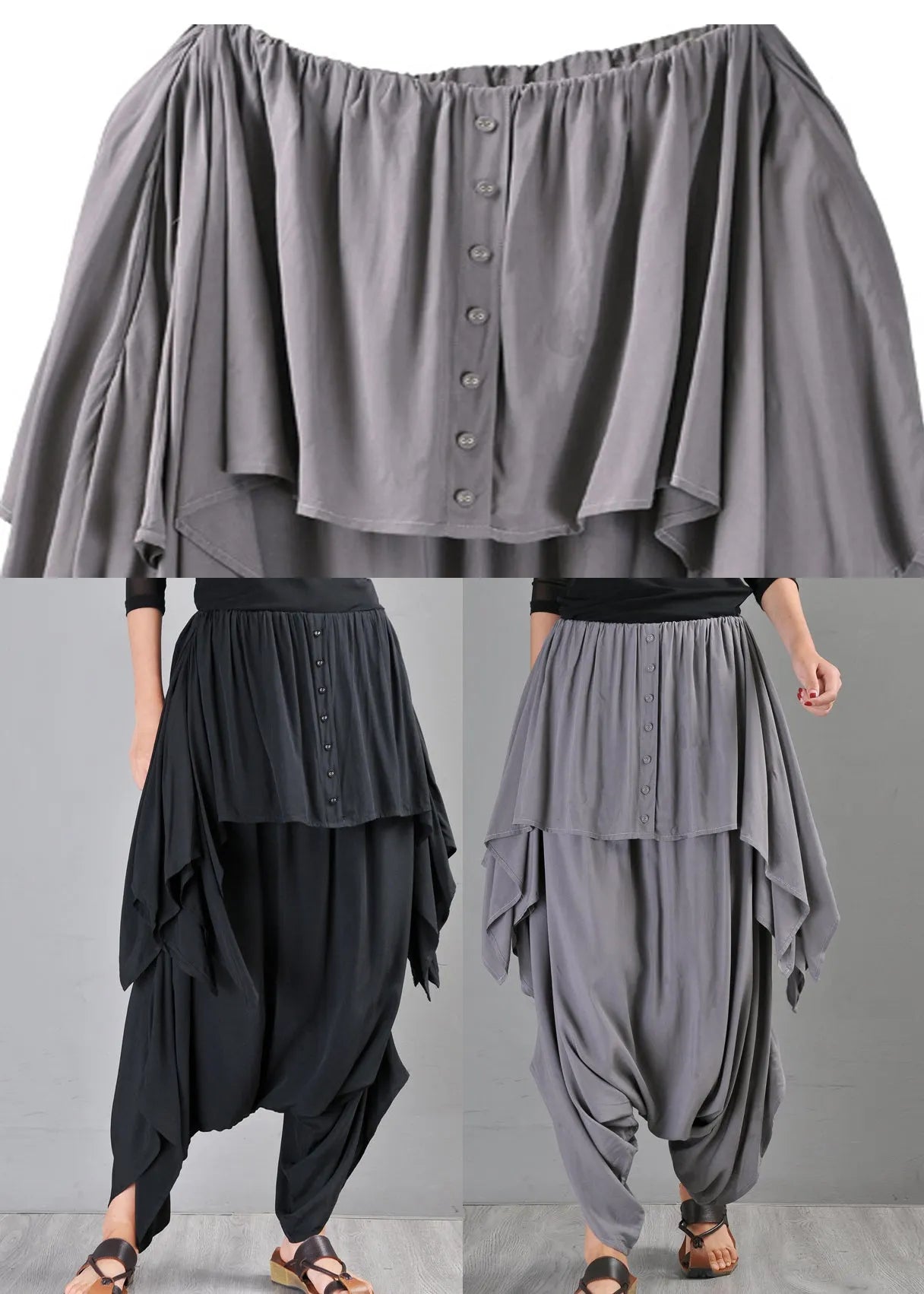Grey Pockets Draping Cotton Pants Skirt Summer