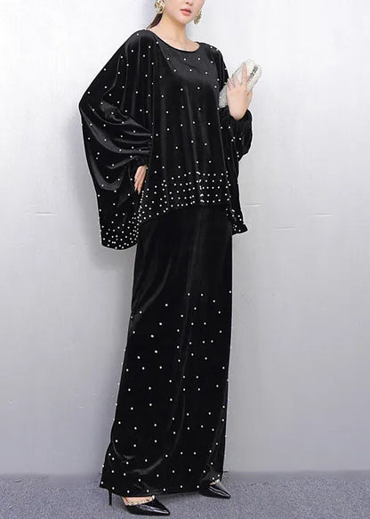 French Black Oversized Nail Bead Silk Velvet Two Piece Set Spring