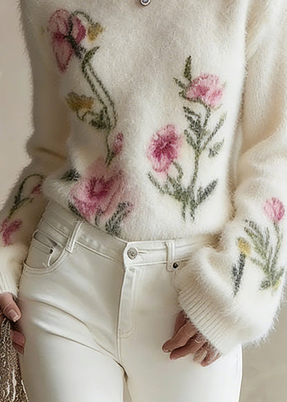 French White Cotton Knit Sweater Lantern Sleeve