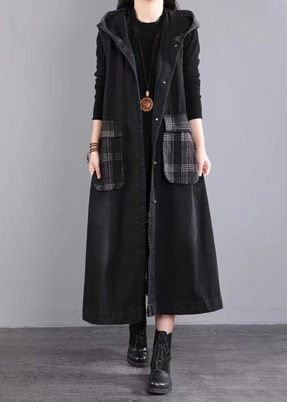 Black Hooded Pockets Patchwork Long Denim Vest Sleeveless