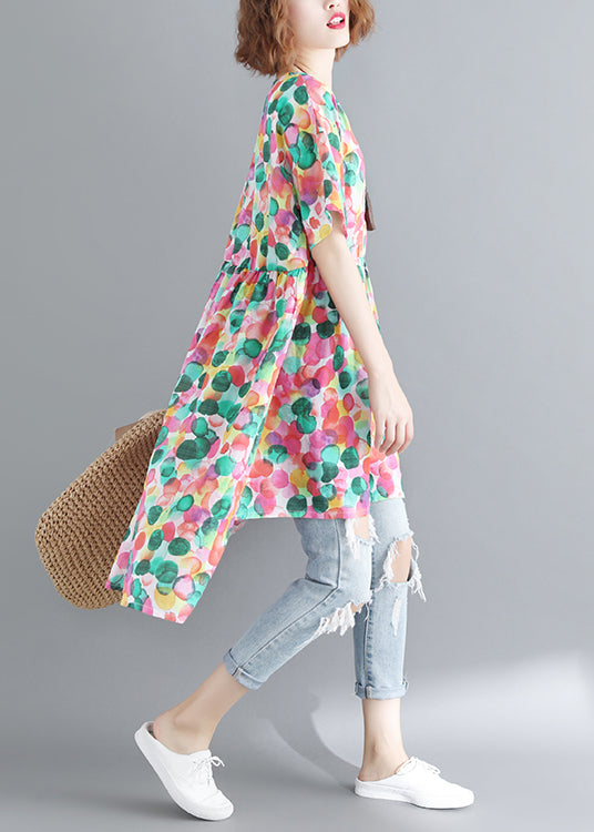 French O-neck Cinched Dot Print Low High Design Dress Short Sleeve