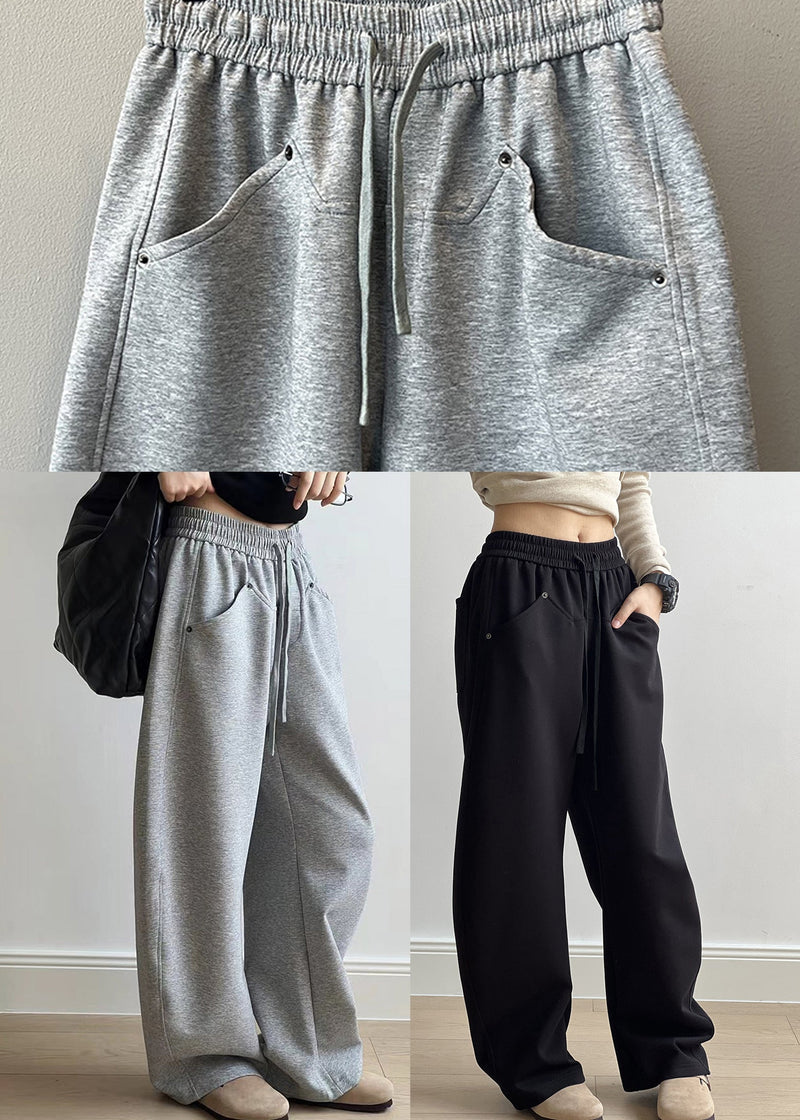 Grey Pockets Drawstring Elastic Waist Cotton Pants Spring