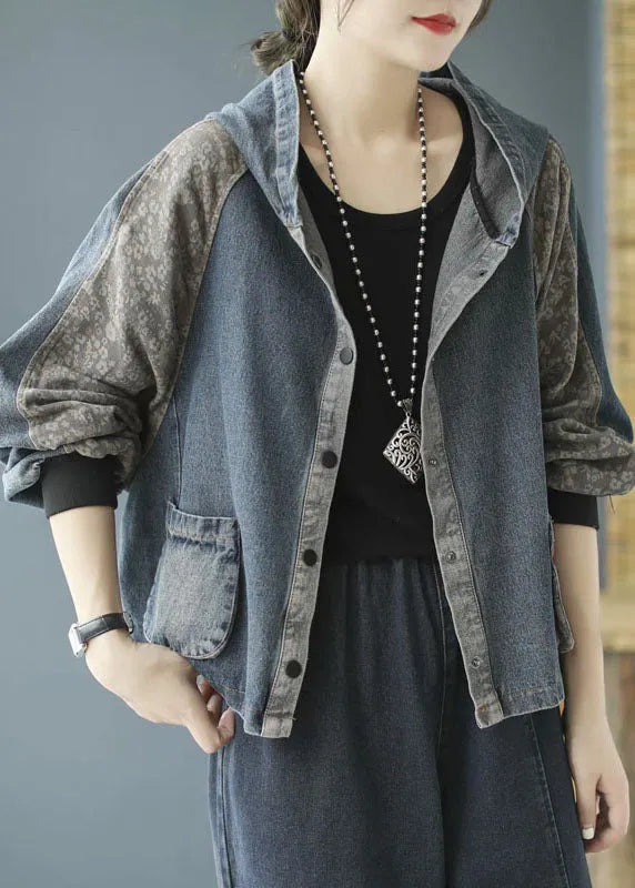 Fitted Blue Hooded Patchwork Denim Coat