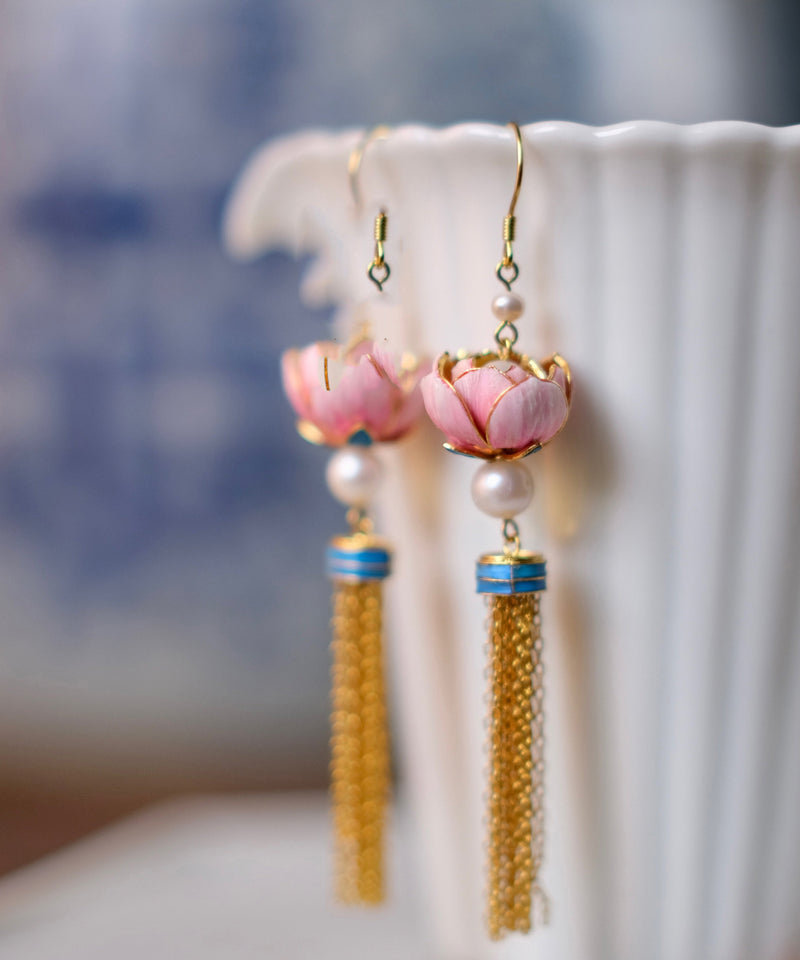 Pink Sterling Silver Overgild Feathers Inlaid Lotus Drop Earrings