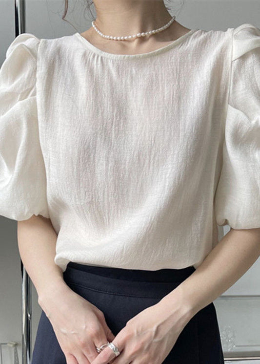 Apricot Puff Sleeve O-neck Wrinkled Color Silk Tops Fall