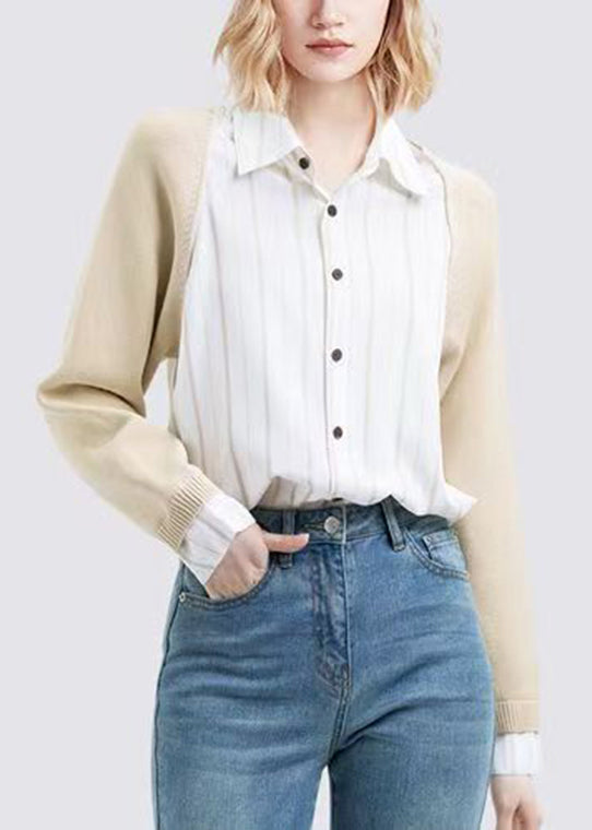 Colorblock Peter Pan Collar Button Knit Patchwork Shirt Fall