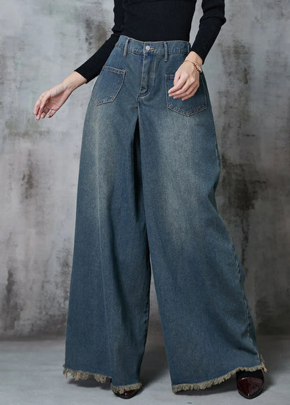 Navy Elastic Waist Pockets Denim Wide Leg Pants Spring