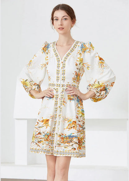 White V Neck Print Chiffon Mid Dress Spring