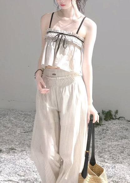 Modern Beige Ruffled Striped Cotton Bow Sets 2 Pieces Summer