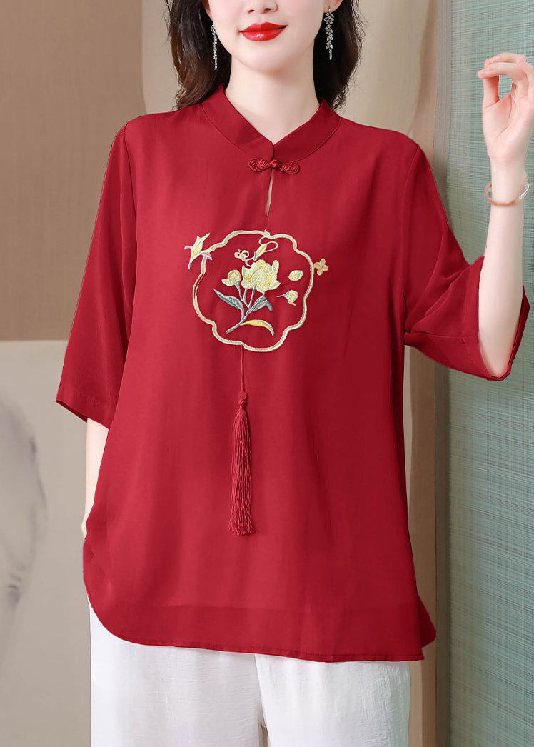 Red Embroidered Tasseled Silk Blouse Tops Summer