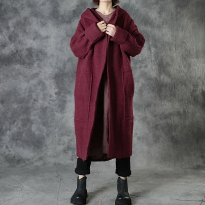Mulberry Loose Pockets Fall Hooded Long Sleeve Sweaters Coat