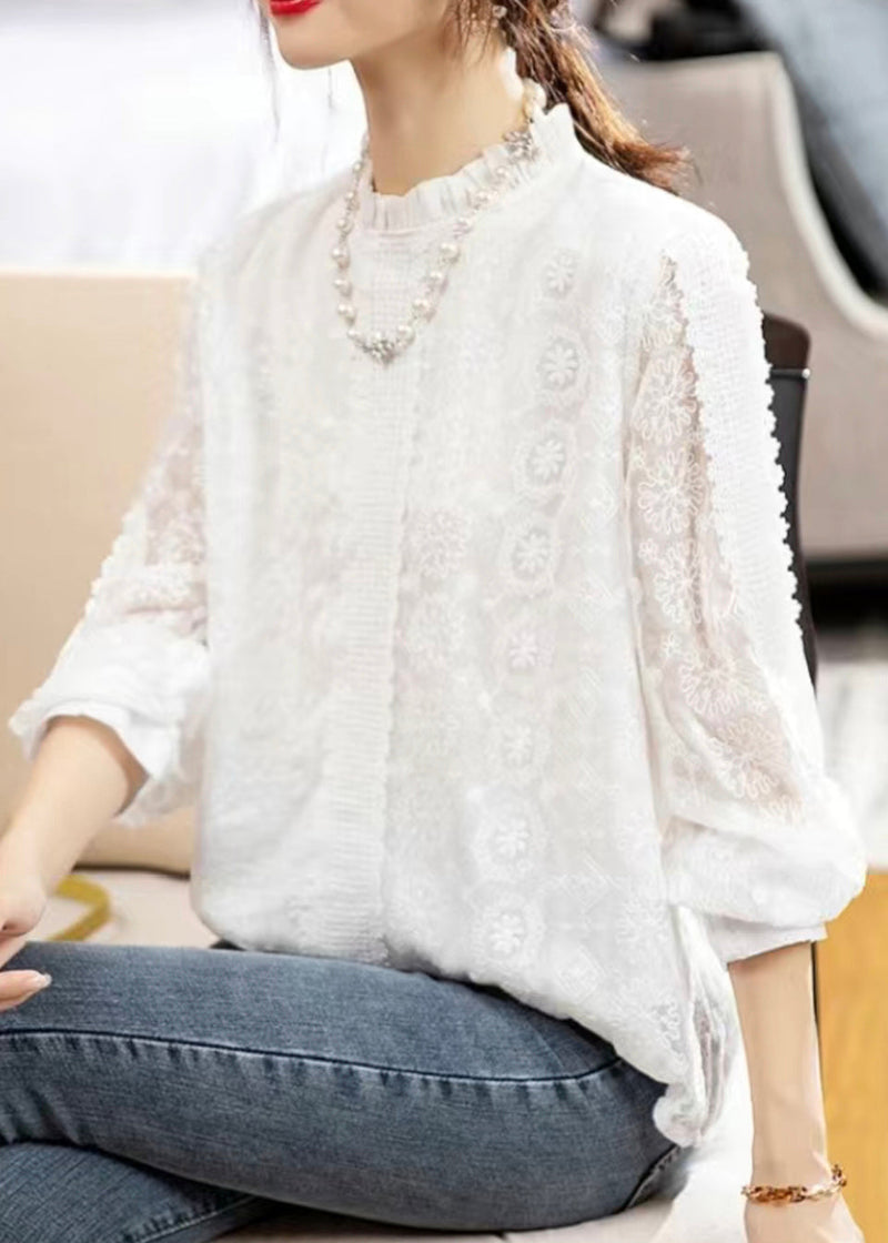 White Ruffled Hollow Out Patchwork Lace Top Fall