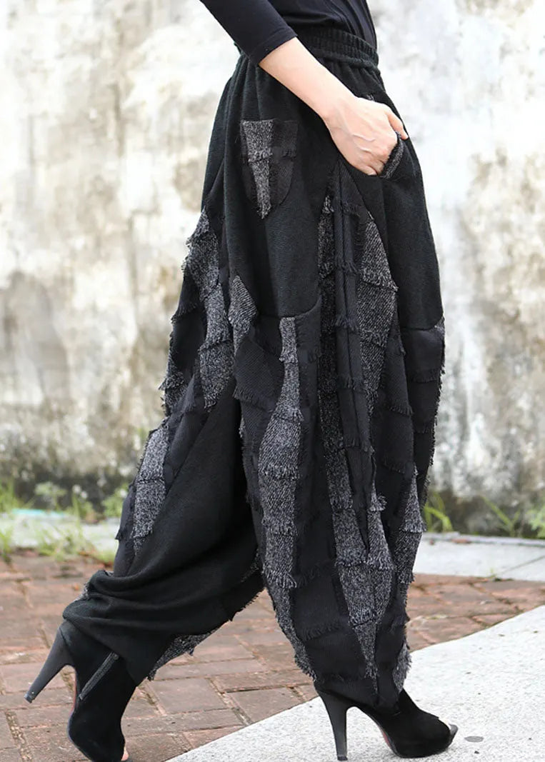 Simple Black Grey Patch Applique Striped Pants Spring