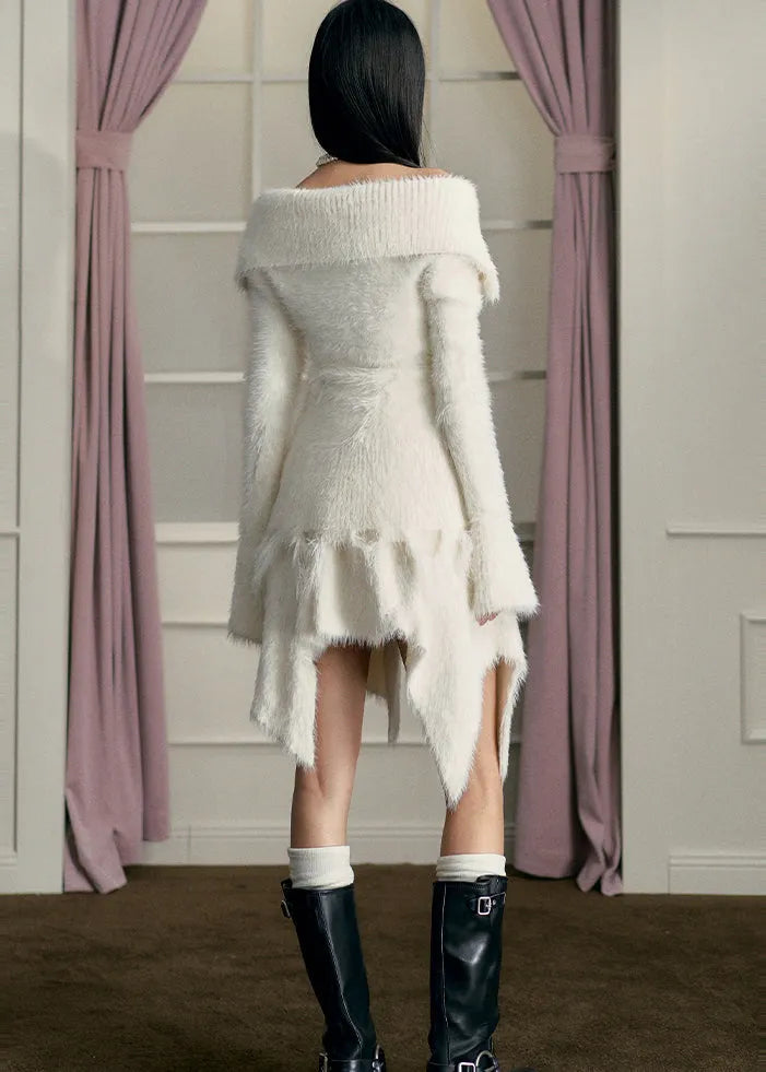 White Slash Neck Asymmetrical Mink Hair Knitted Two Piece Set Fall