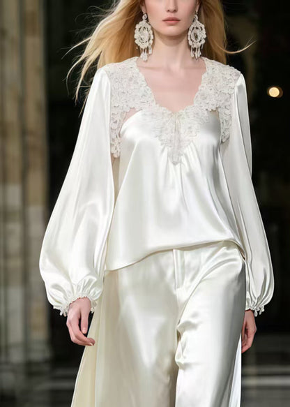 French White Lace Patchwork Draping Silk Two Piece Set Clothing Spring