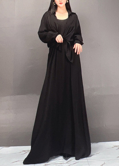 Black Peter Pan Collar Shirts and Maxi Skirts Two Piece Set Spring
