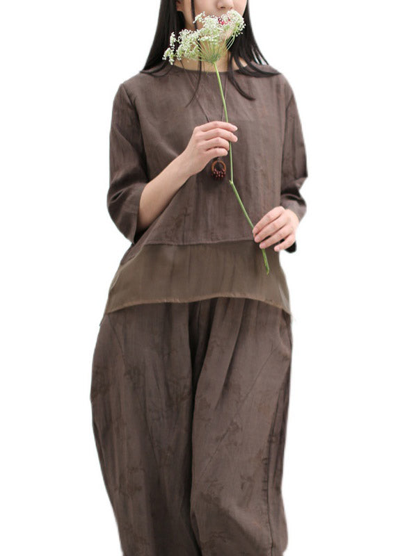 Chocolate O-neck Silk Patchwork Linen Shirts and Wide Leg Pants Two Pieces Set Spring