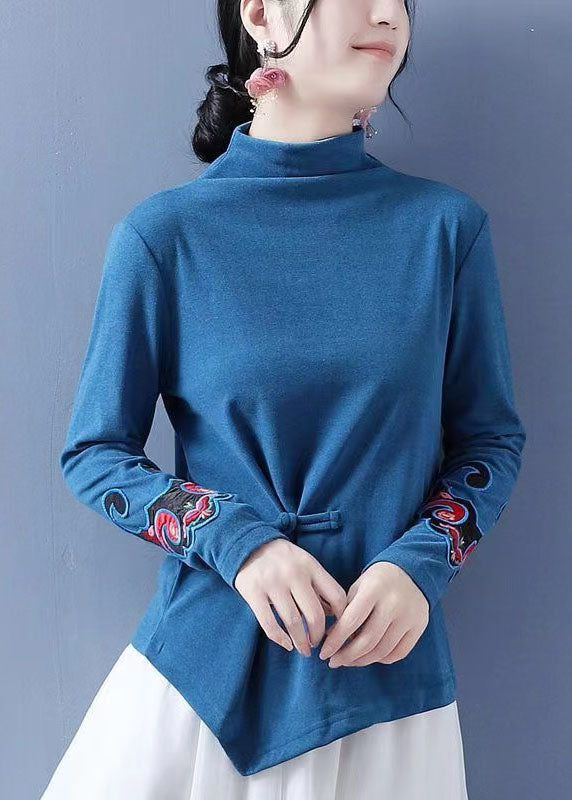 Chocolate Embroideried Ammetrical Design Chinese Button Cotton Tops Spring
