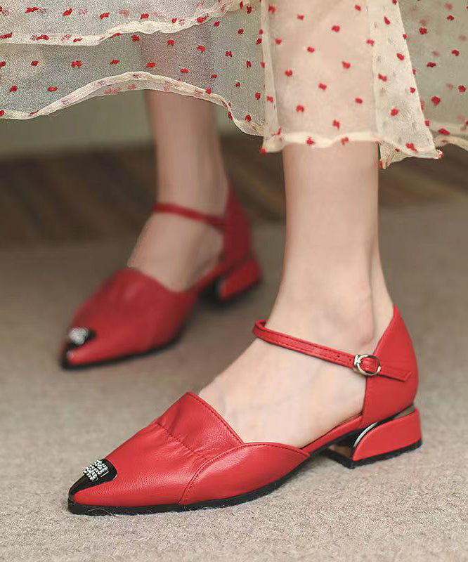 Buckle Strap Splicing Low Heel Red Faux Leather Pointed Toe