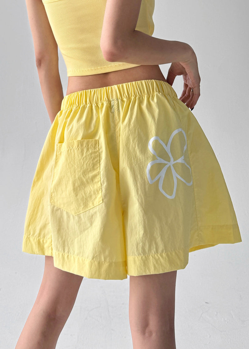 Yellow Oversized Print Sports Shorts Summer