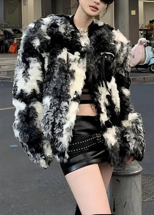 Black Tie Dye Pockets Teddy Faux Fur Coats Spring