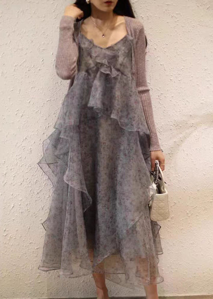 Purple Ruffled Print Chiffon Sets 2 Pieces Spring