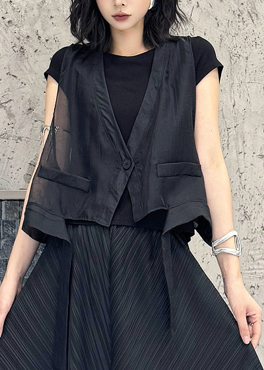 Black V Neck Asymmetrical Cotton Vest Tops Summer