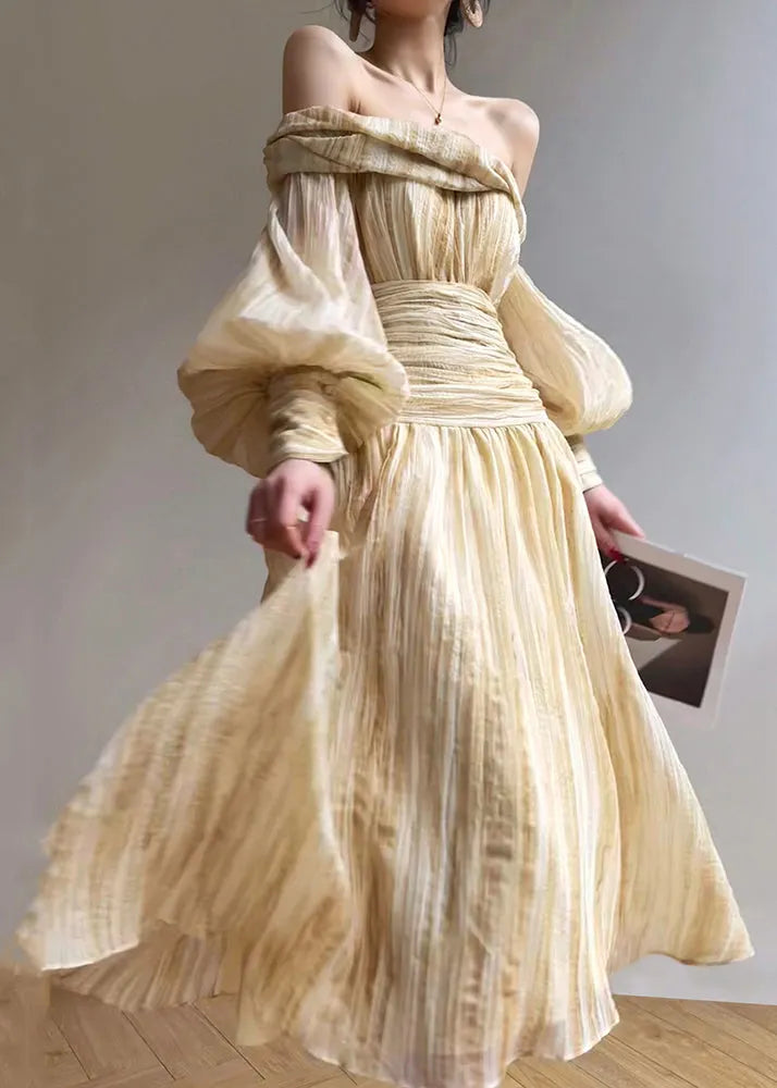 Art Beige Slash Neck Front Open Shirts and Skirts 2 Piece Outfit Lantern Sleeve