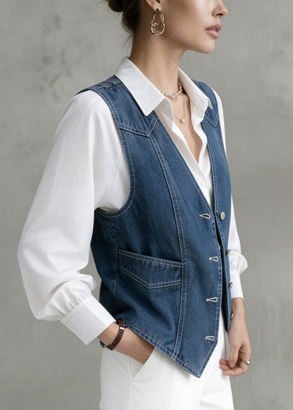 French Navy V Neck Patchwork Denim Vest Sleeveless