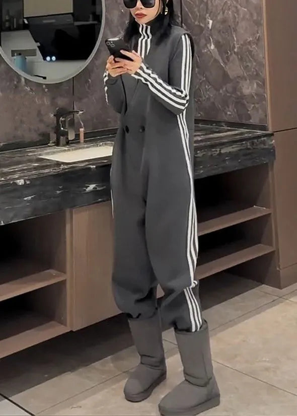 New Grey Striped Button Tops and Jumpsuit Cotton Two Pieces Set Spring