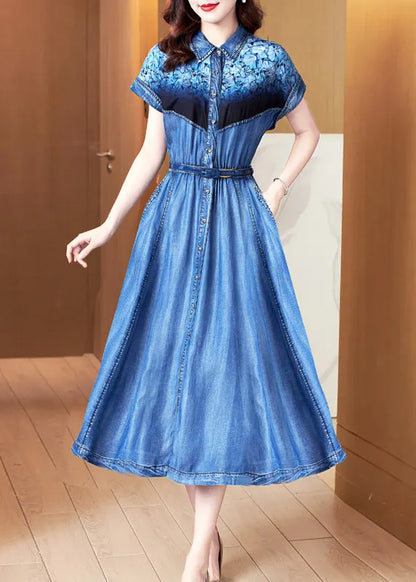 Blue Print Pockets Patchwork Denim Dress Summer