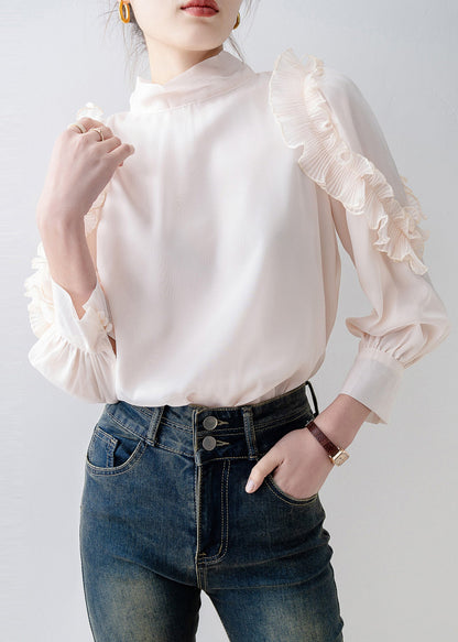 Apricot Stand Collar Ruffled Chiffon Top Spring