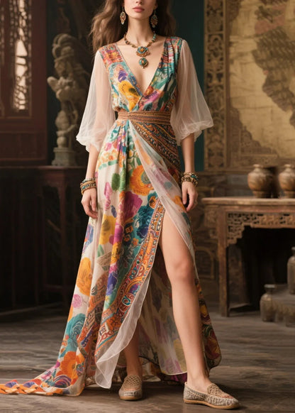 Apricot Print Exra Large Hem Chiffon Party Dress Summer